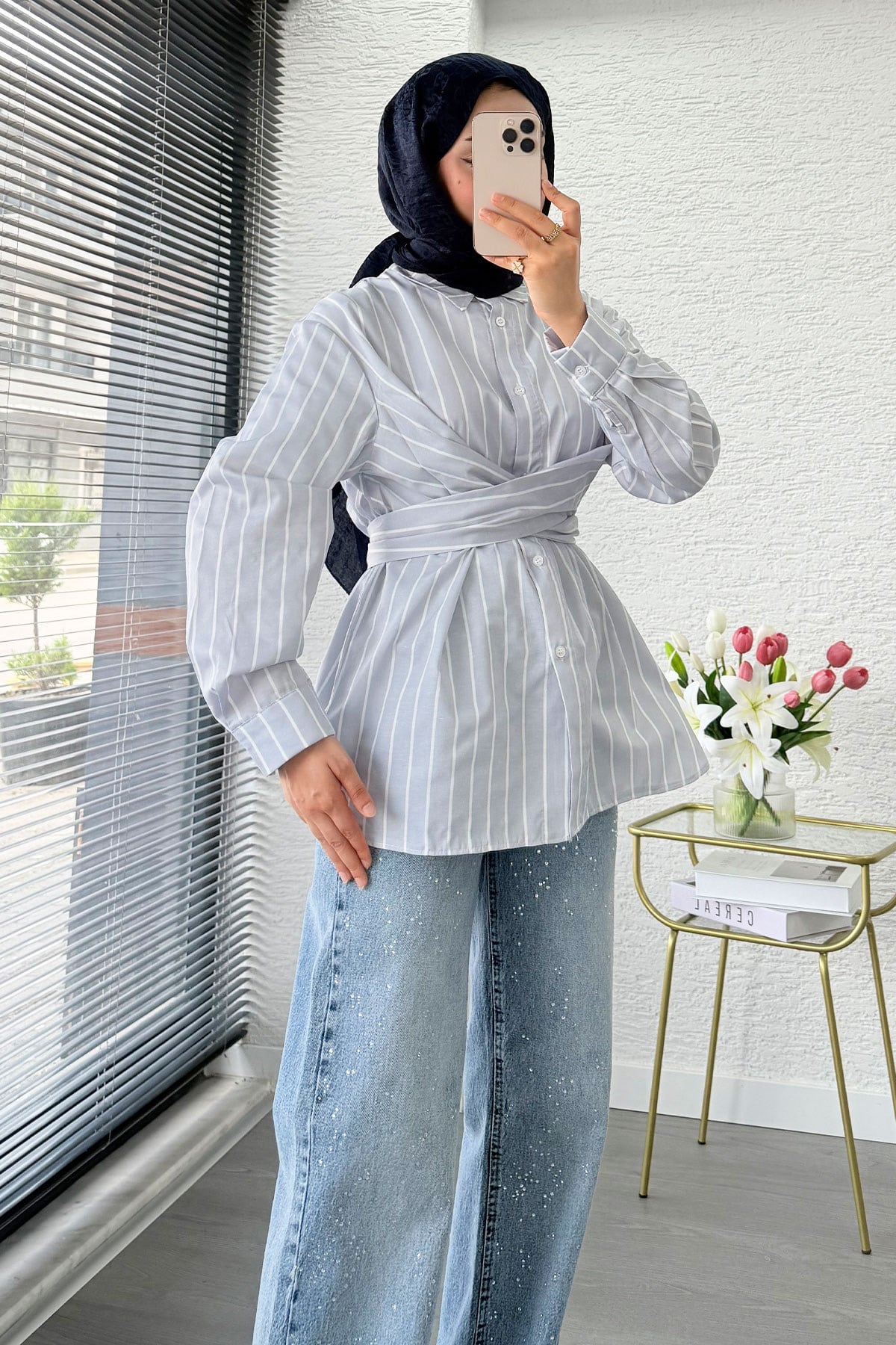 Çapraz Bağlamalı Çizgili Poplin Gömlek  - Gri