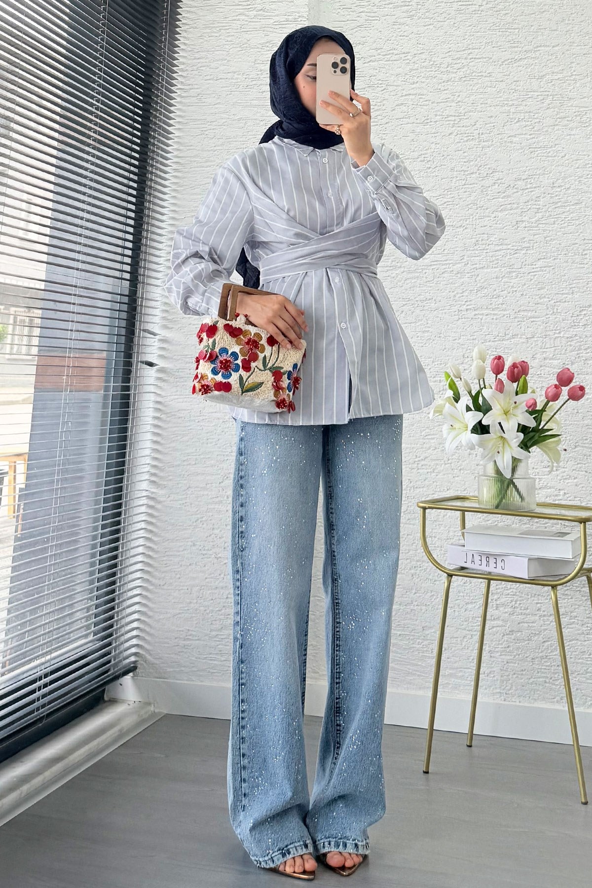 Çapraz Bağlamalı Çizgili Poplin Gömlek  - Gri