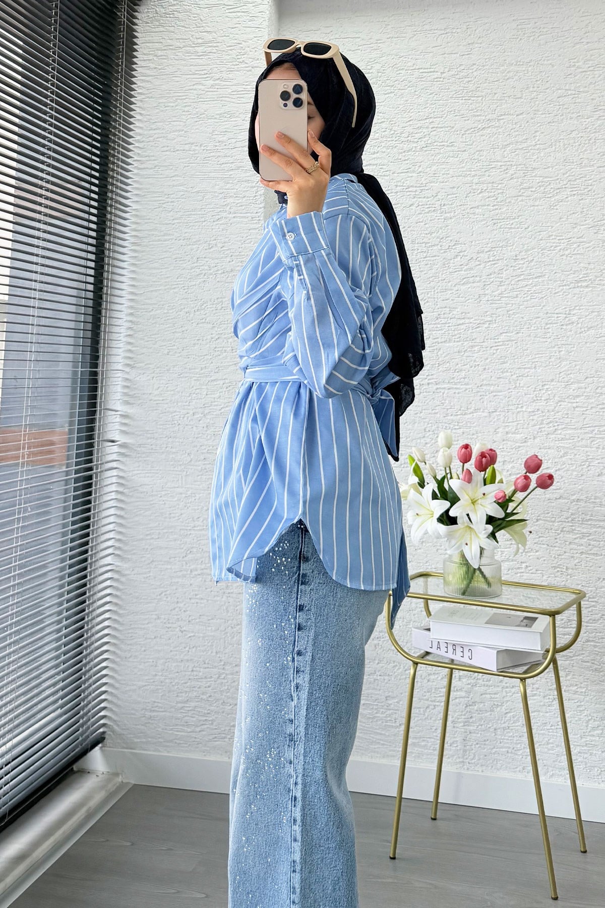 Çapraz Bağlamalı Çizgili Poplin Gömlek  - Mavi