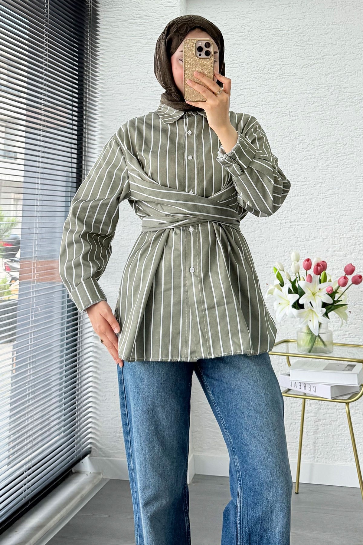 Çapraz Bağlamalı Çizgili Poplin Gömlek  - Haki
