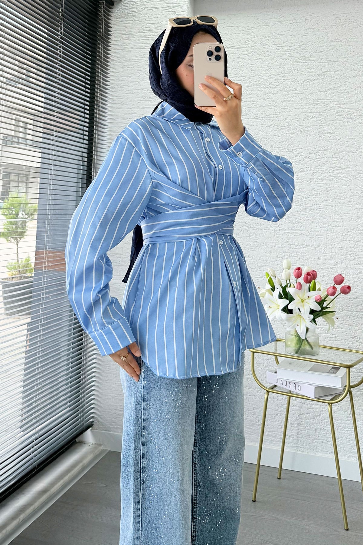 Çapraz Bağlamalı Çizgili Poplin Gömlek  - Mavi
