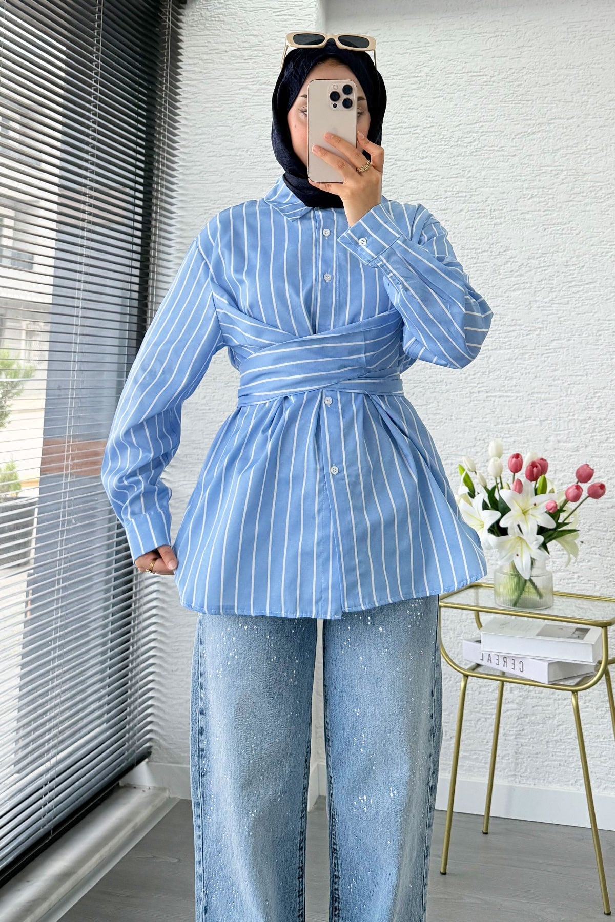 Çapraz Bağlamalı Çizgili Poplin Gömlek  - Mavi