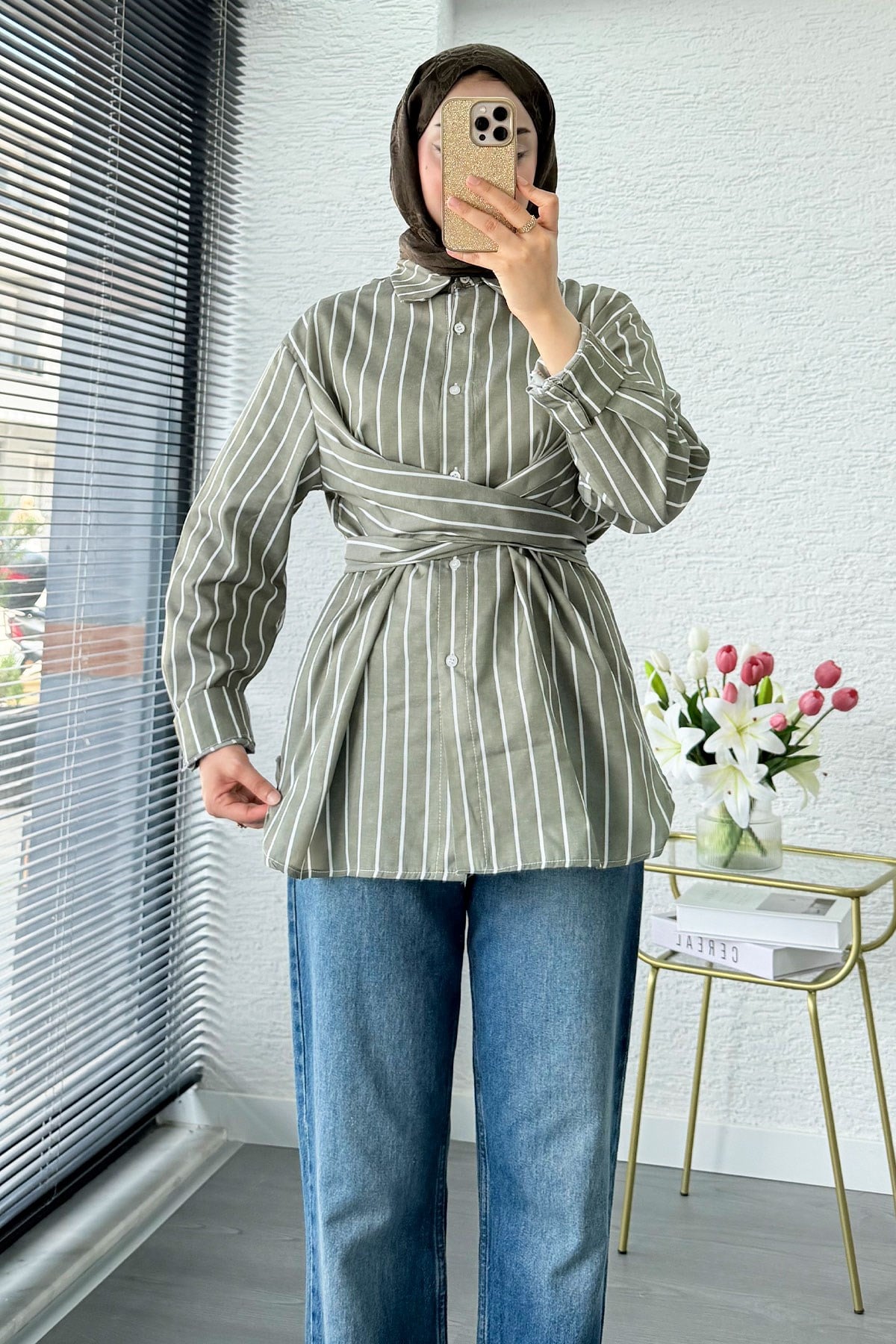 Çapraz Bağlamalı Çizgili Poplin Gömlek  - Haki
