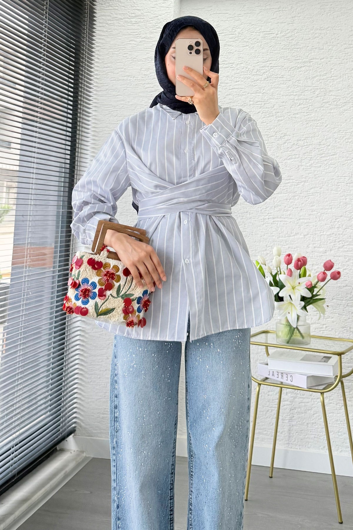 Çapraz Bağlamalı Çizgili Poplin Gömlek  - Gri