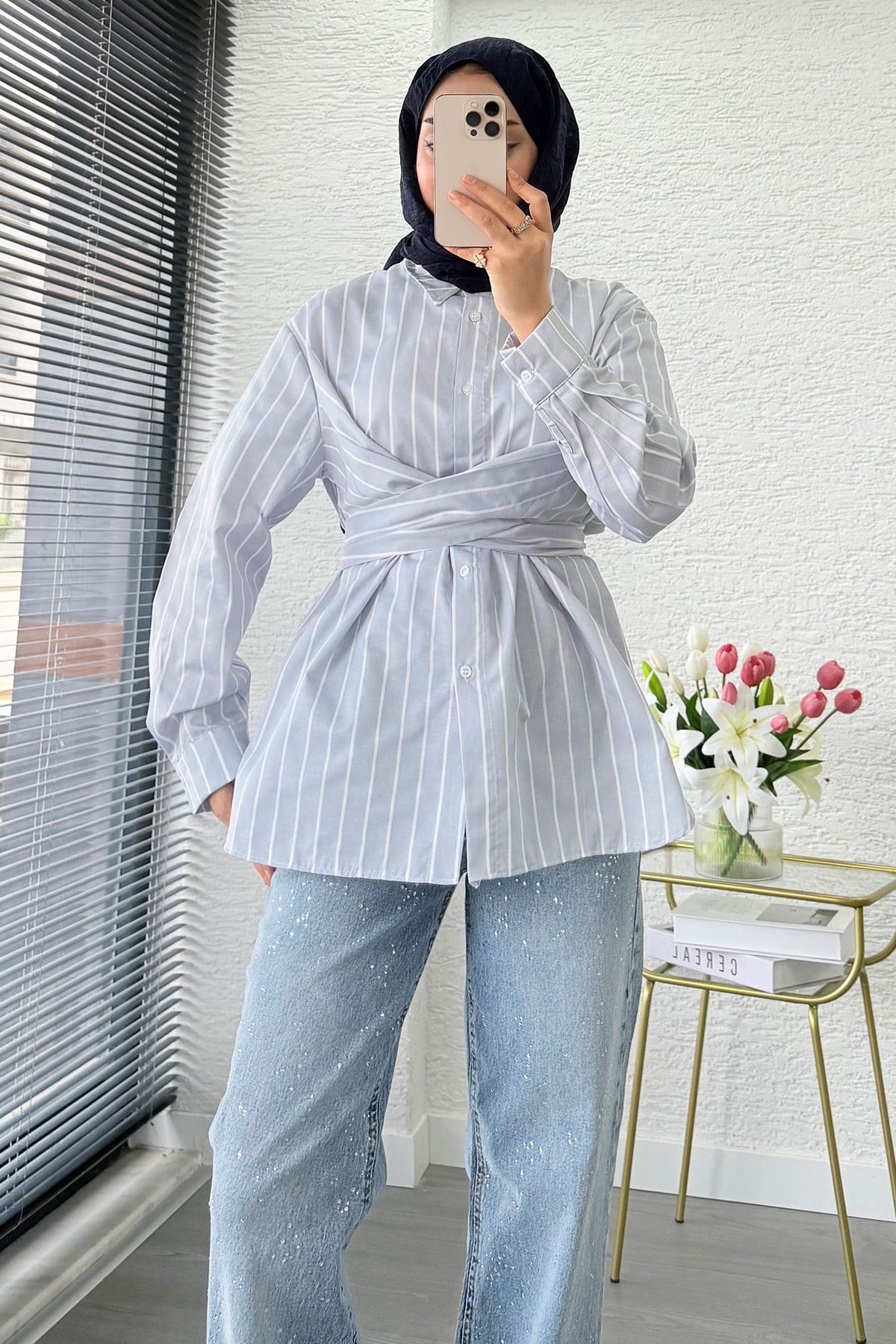 Çapraz Bağlamalı Çizgili Poplin Gömlek  - Gri