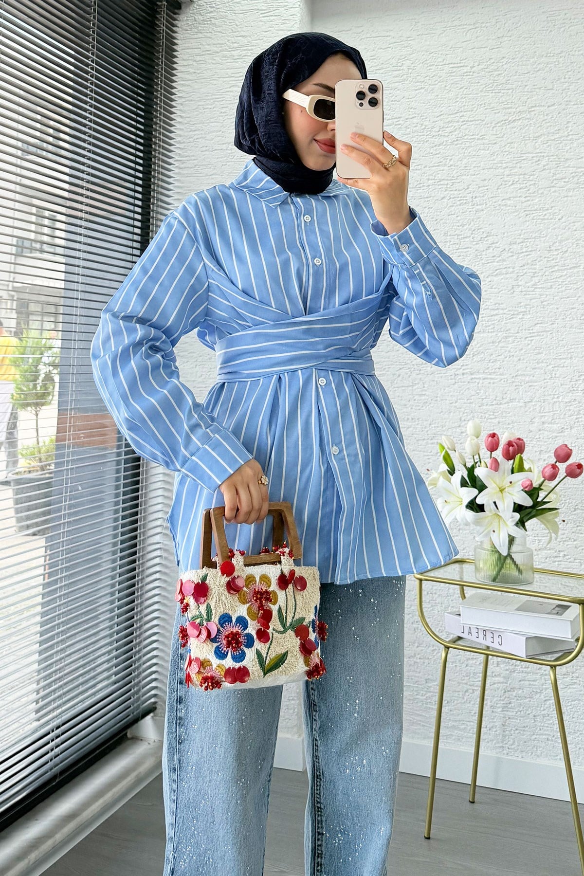 Çapraz Bağlamalı Çizgili Poplin Gömlek  - Mavi
