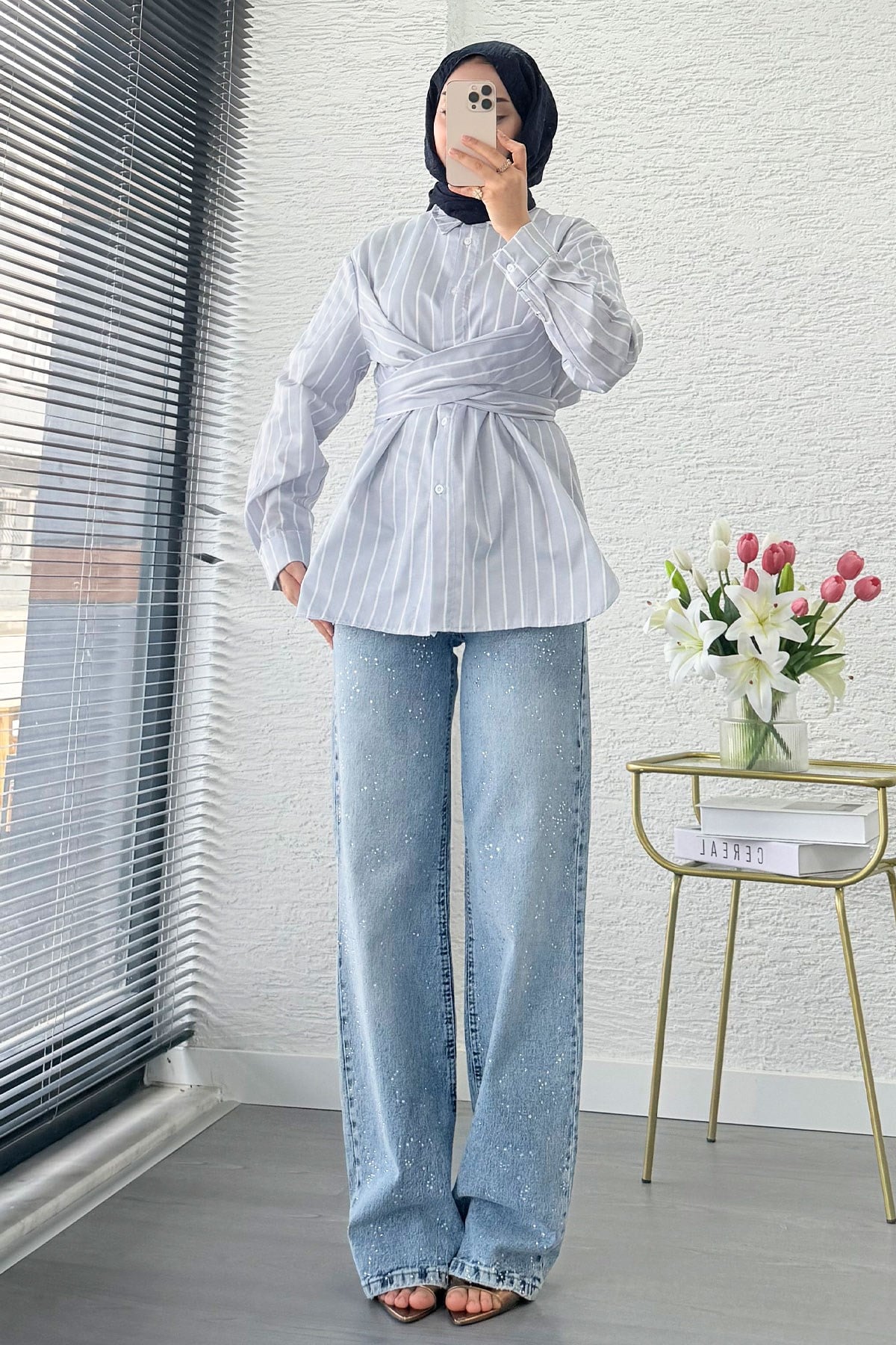 Çapraz Bağlamalı Çizgili Poplin Gömlek  - Gri