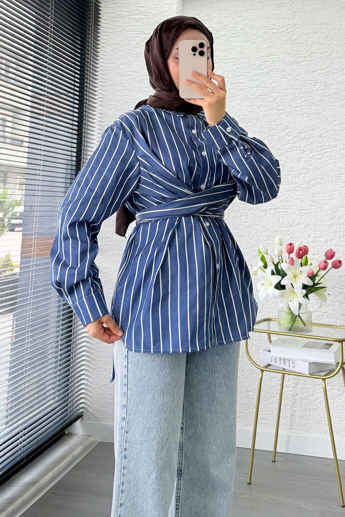Çapraz Bağlamalı Çizgili Poplin Gömlek  - Lacivert