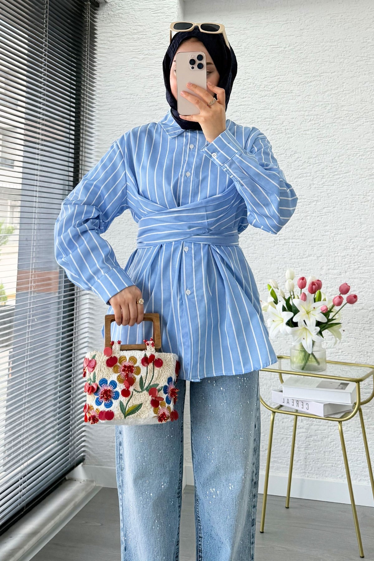 Çapraz Bağlamalı Çizgili Poplin Gömlek  - Mavi