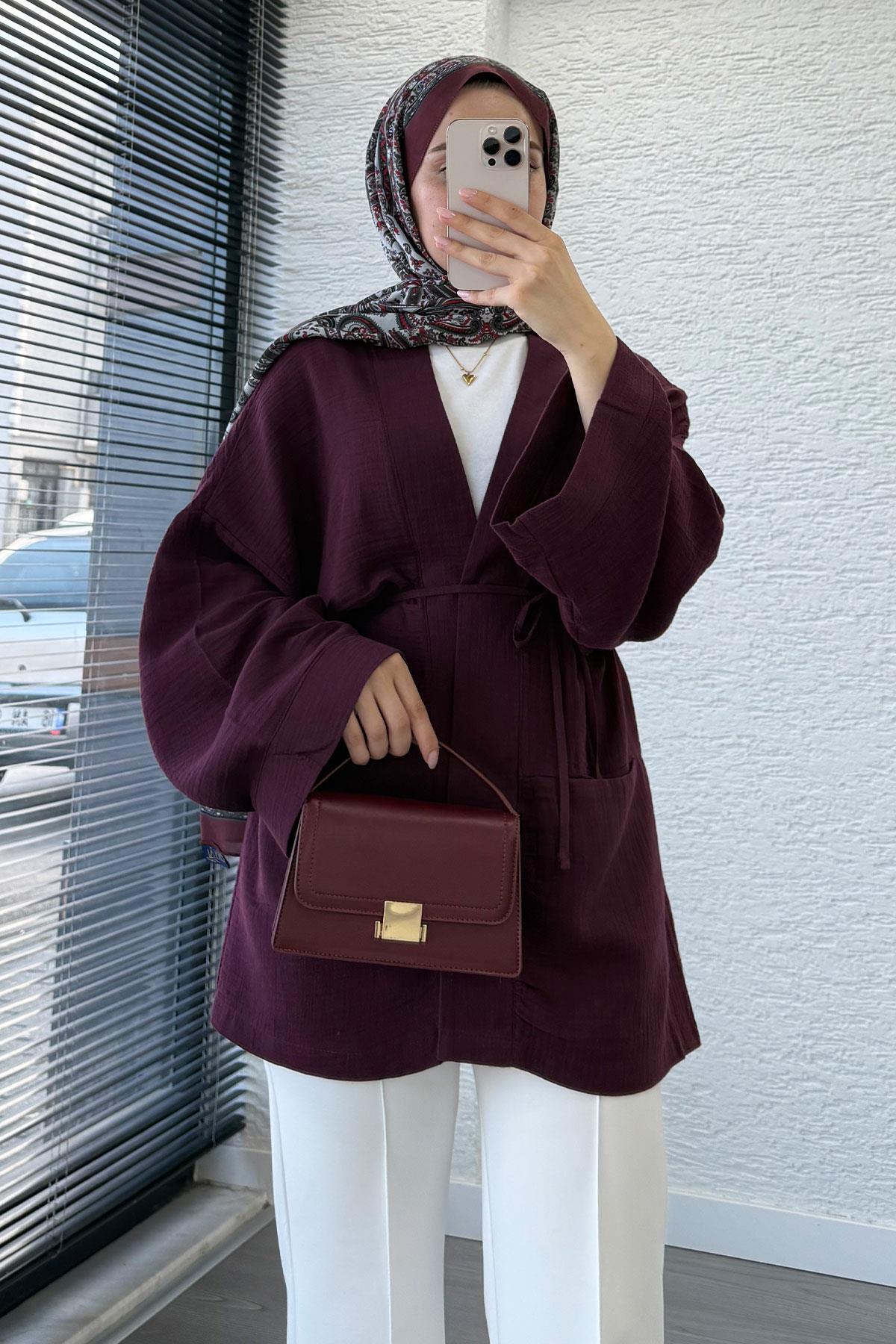 Cep Detaylı Kuşaklı Müslin Kimono - Bordo