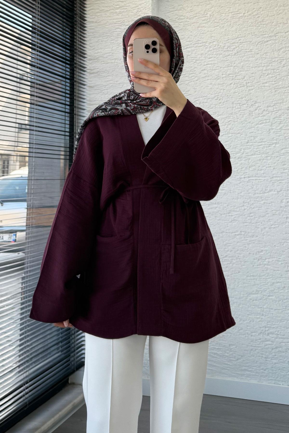 Cep Detaylı Kuşaklı Müslin Kimono - Bordo
