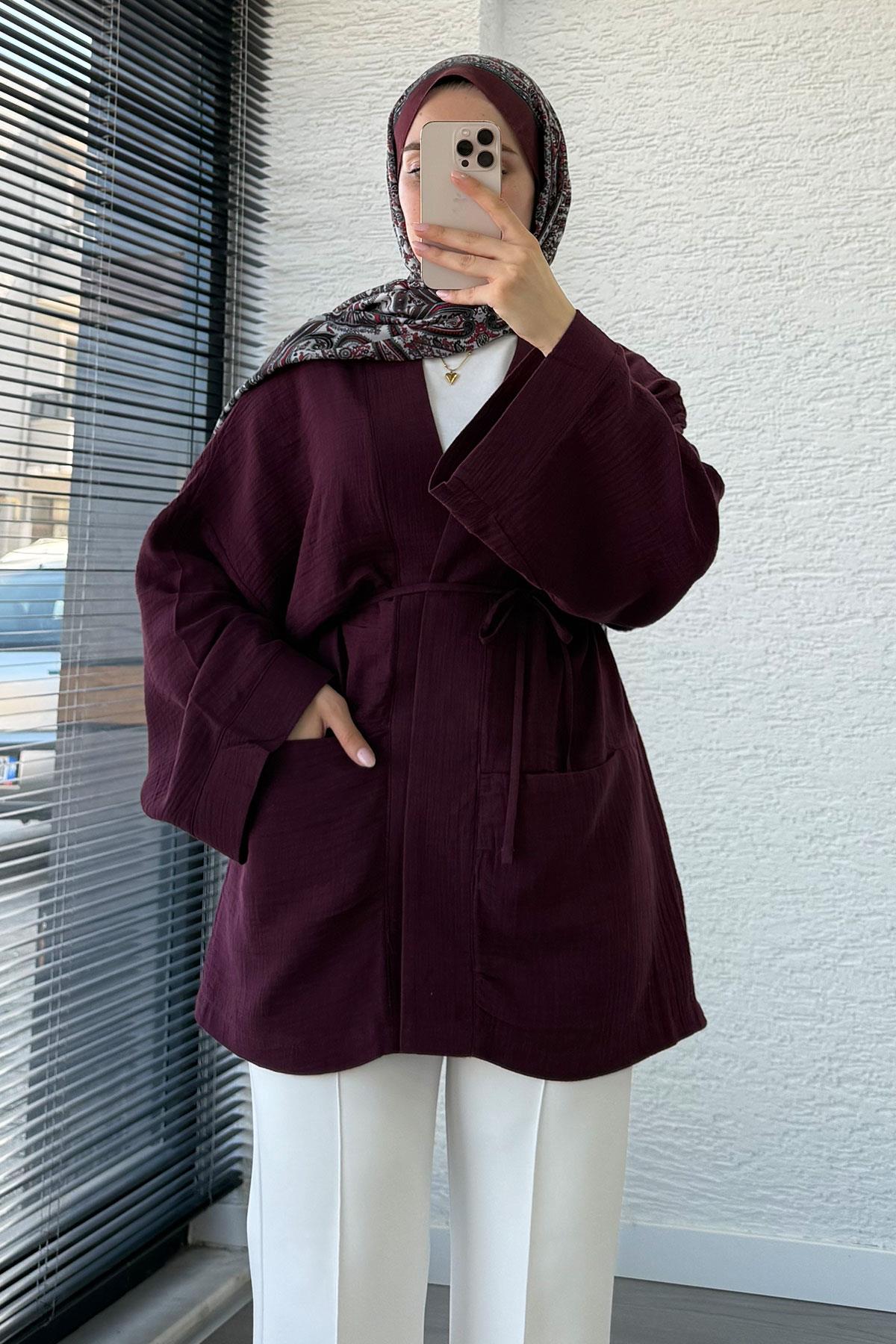 Cep Detaylı Kuşaklı Müslin Kimono - Bordo