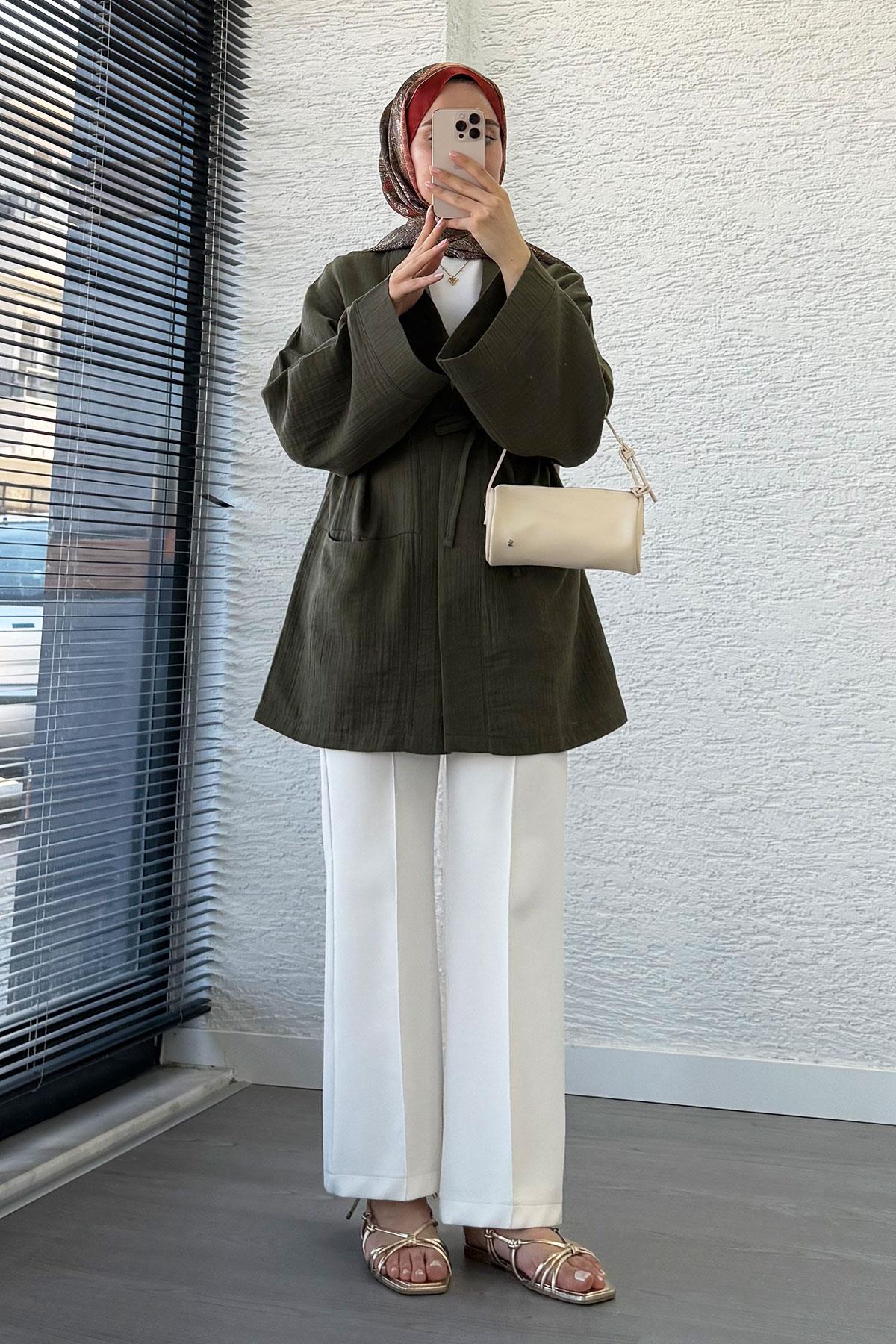 Cep Detaylı Kuşaklı Müslin Kimono - Haki
