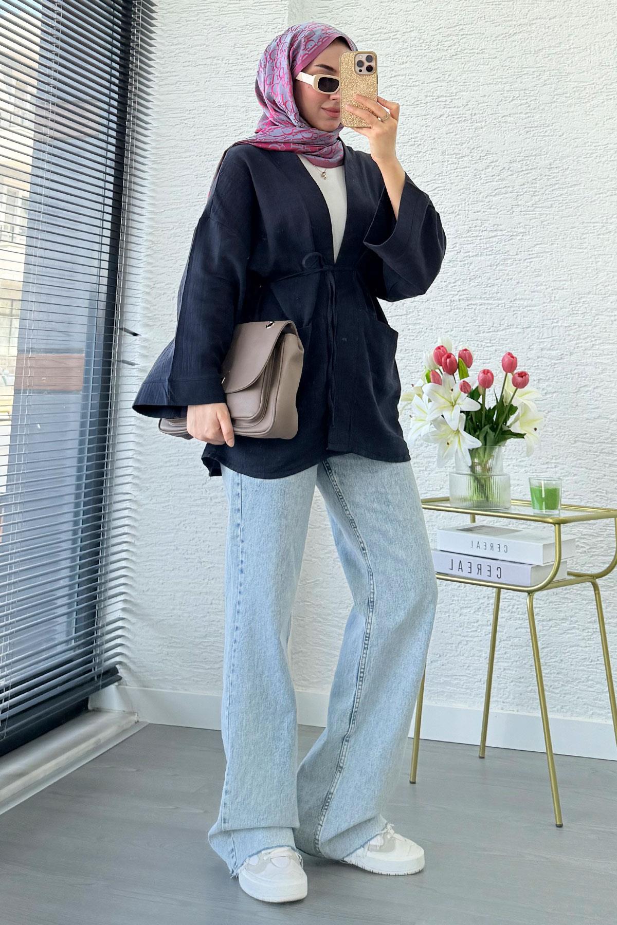 Cep Detaylı Kuşaklı Müslin Kimono - Lacivert