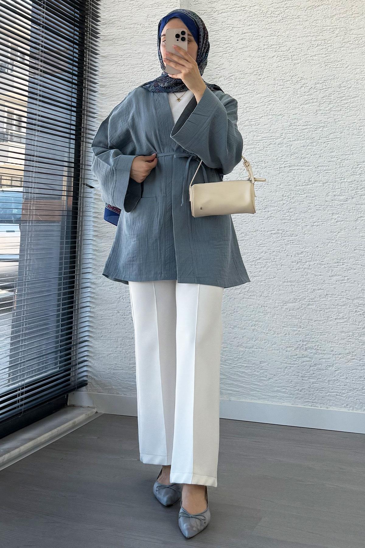 Cep Detaylı Kuşaklı Müslin Kimono - Mavi