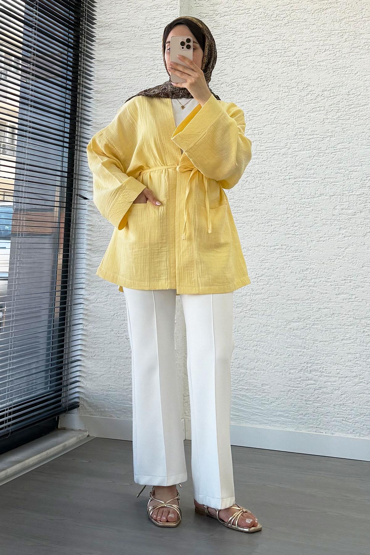 Cep Detaylı Kuşaklı Müslin Kimono - Sarı