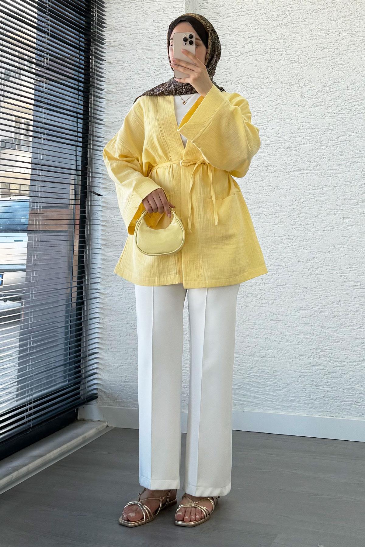 Cep Detaylı Kuşaklı Müslin Kimono - Sarı