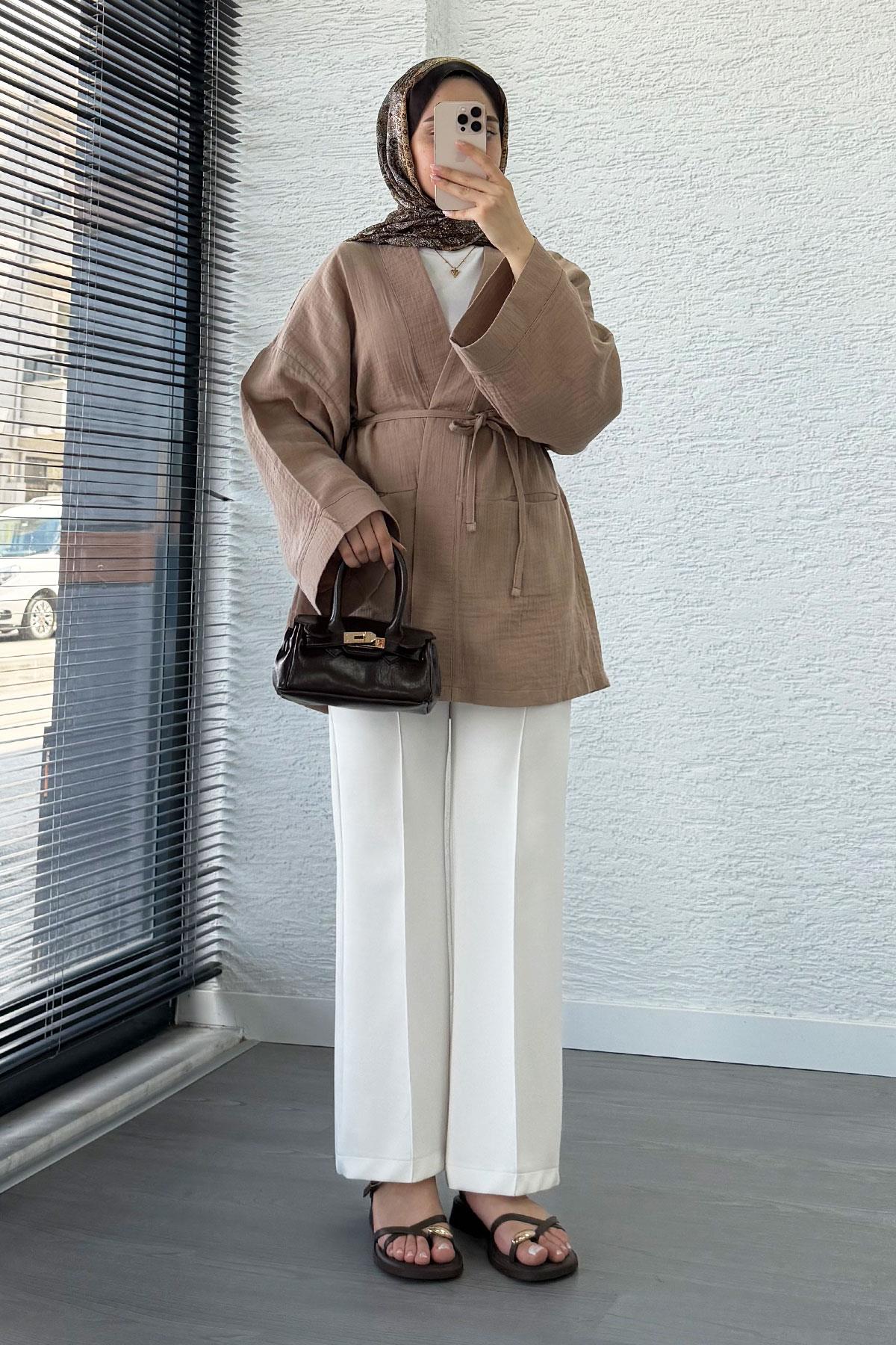 Cep Detaylı Kuşaklı Müslin Kimono - Vizon