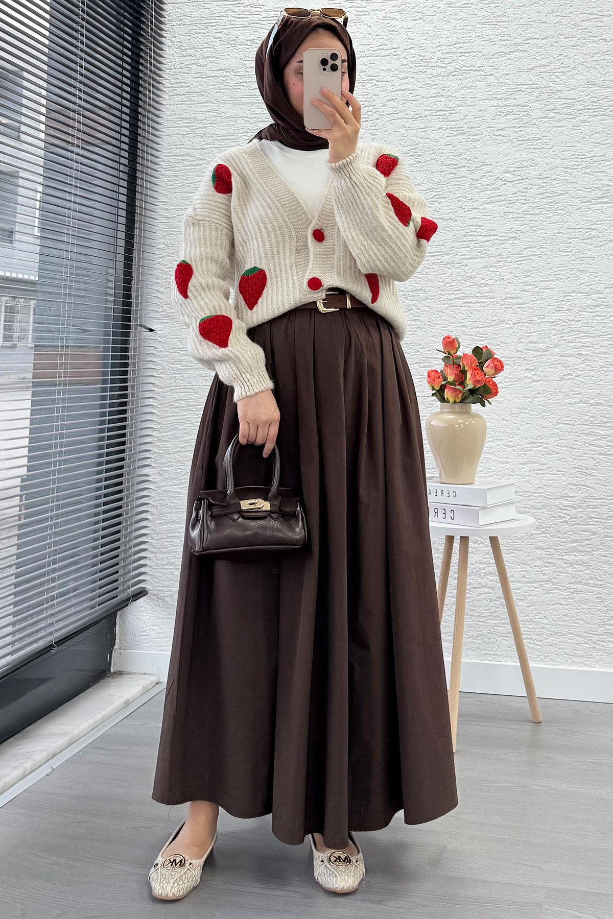 Çilek Desenli Kısa Oversize Triko Hırka – Taş