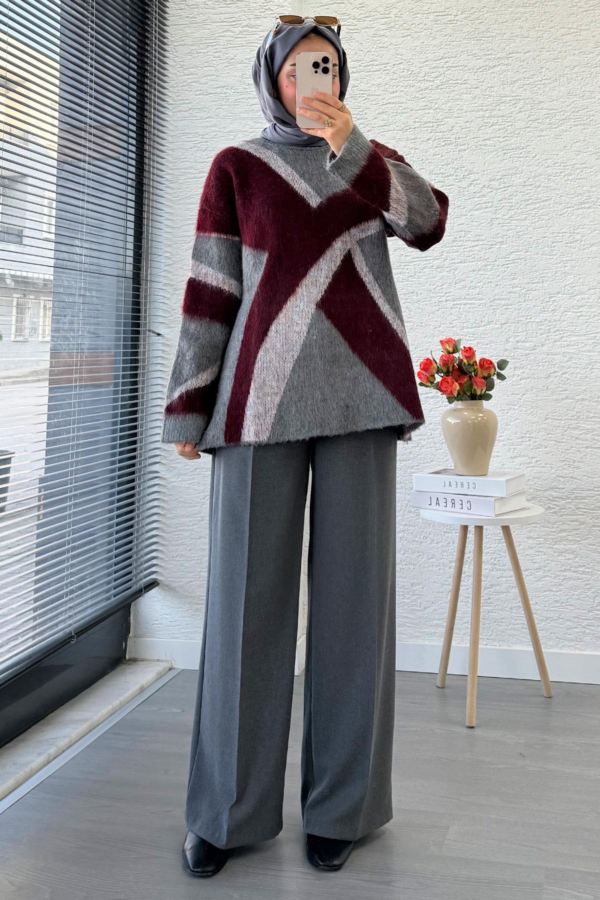Çizgi Desen Oversize Triko Kazak – Bordo