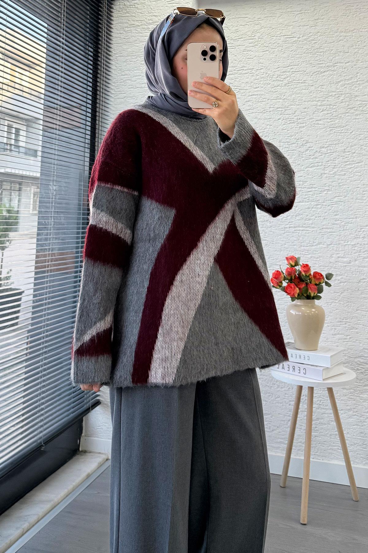 Çizgi Desen Oversize Triko Kazak – Bordo