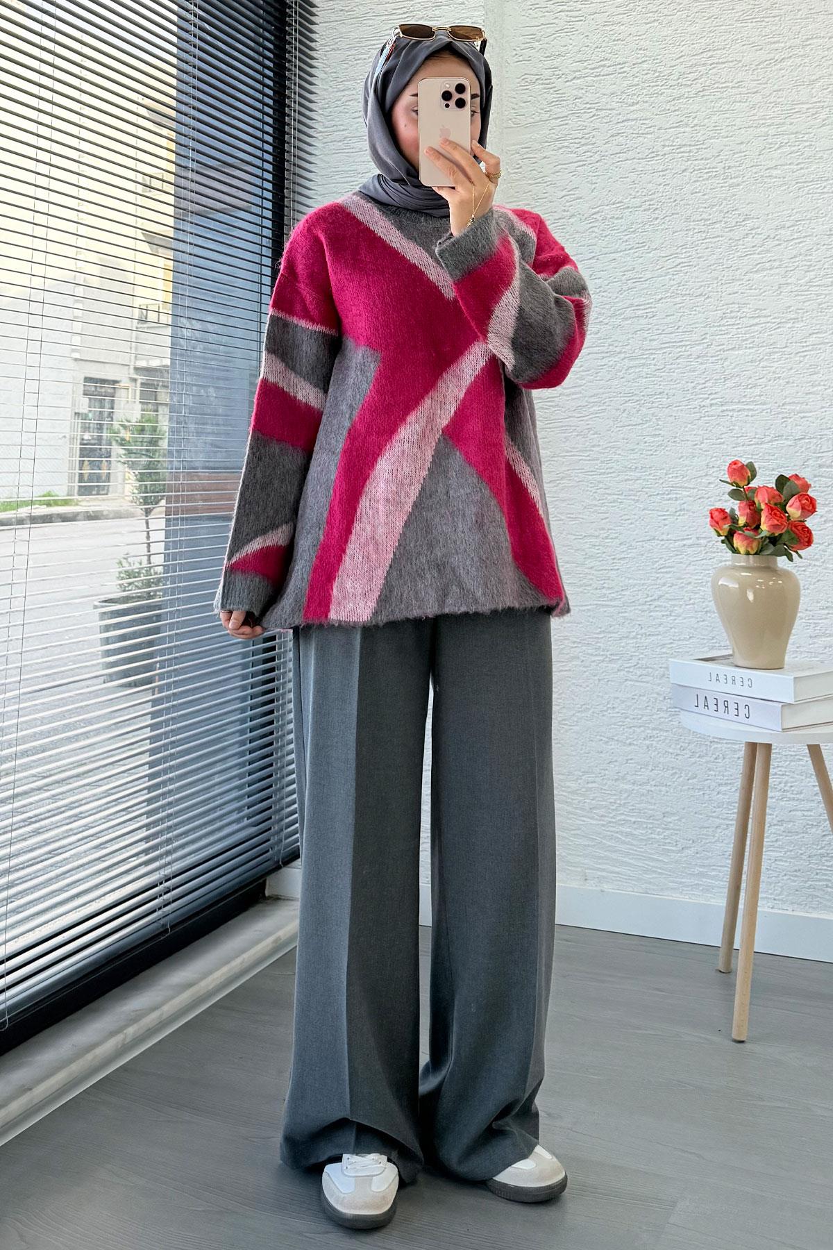Çizgi Desen Oversize Triko Kazak – Fuşya