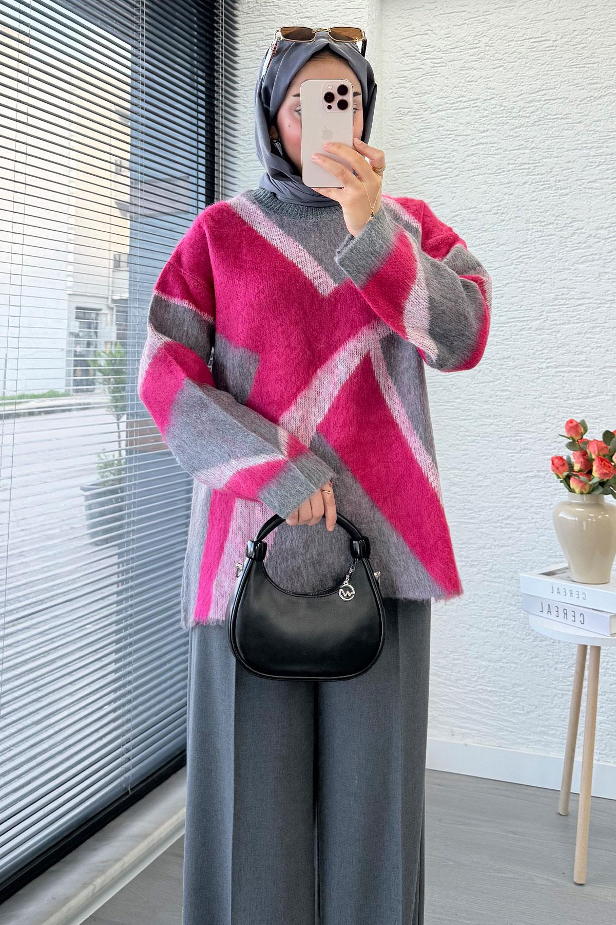 Çizgi Desen Oversize Triko Kazak – Fuşya