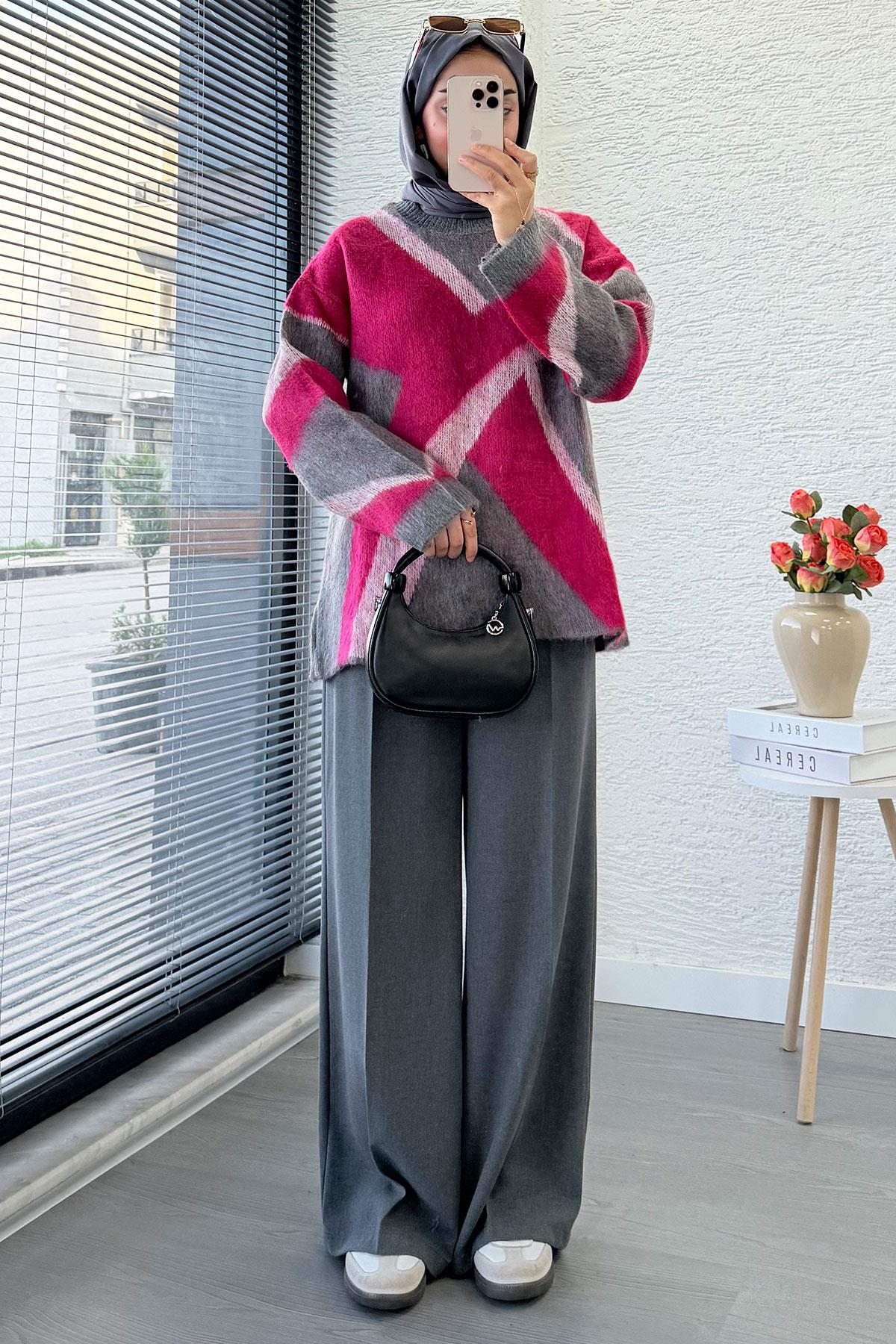 Çizgi Desen Oversize Triko Kazak – Fuşya