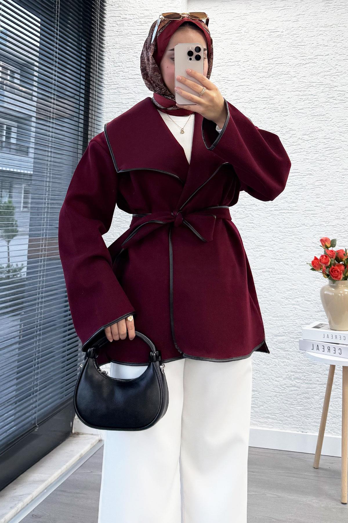 Deri Biyeli Kaşe Kadın Ceket – Bordo