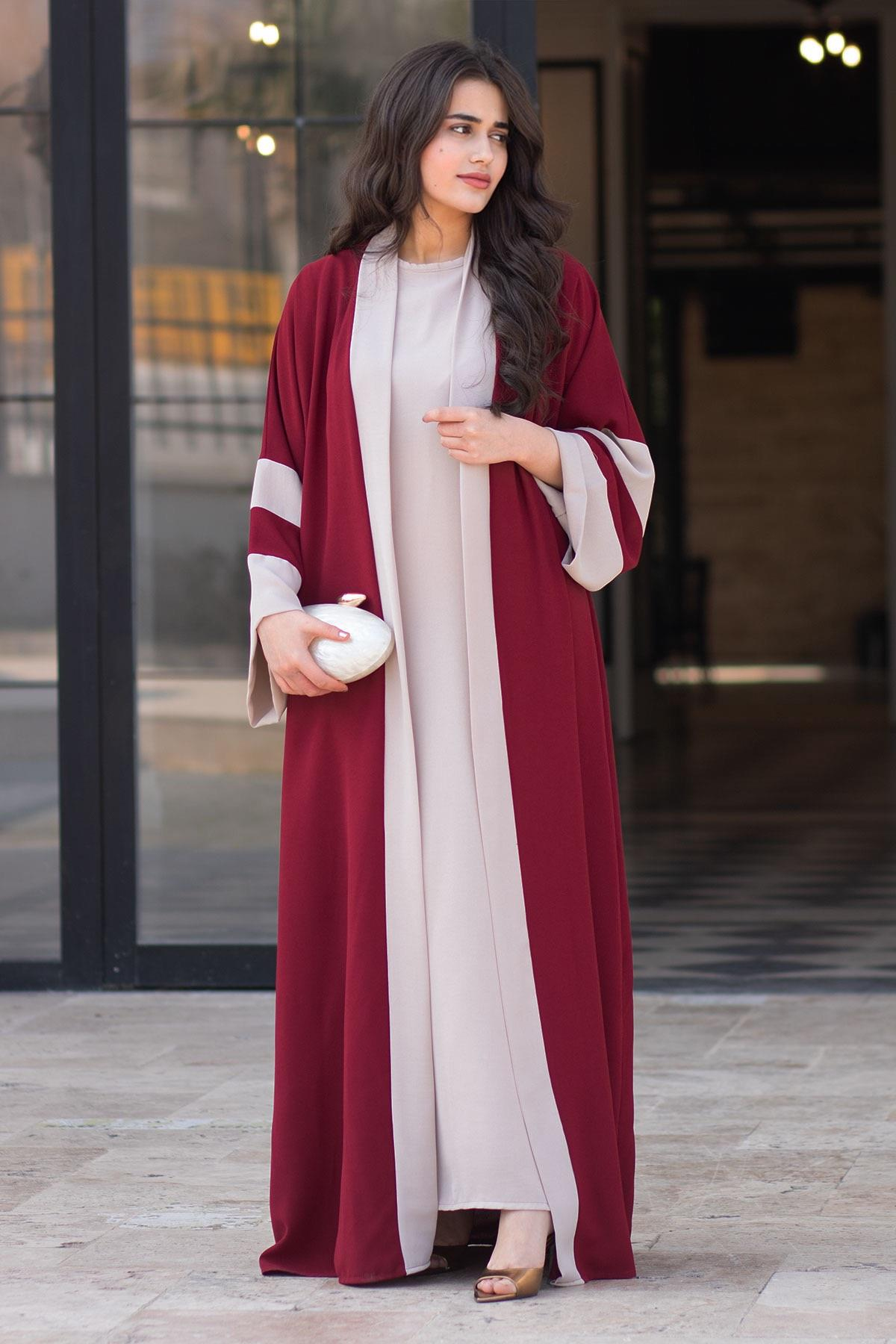 Dubai Abaya Takım - Bordo & Taş