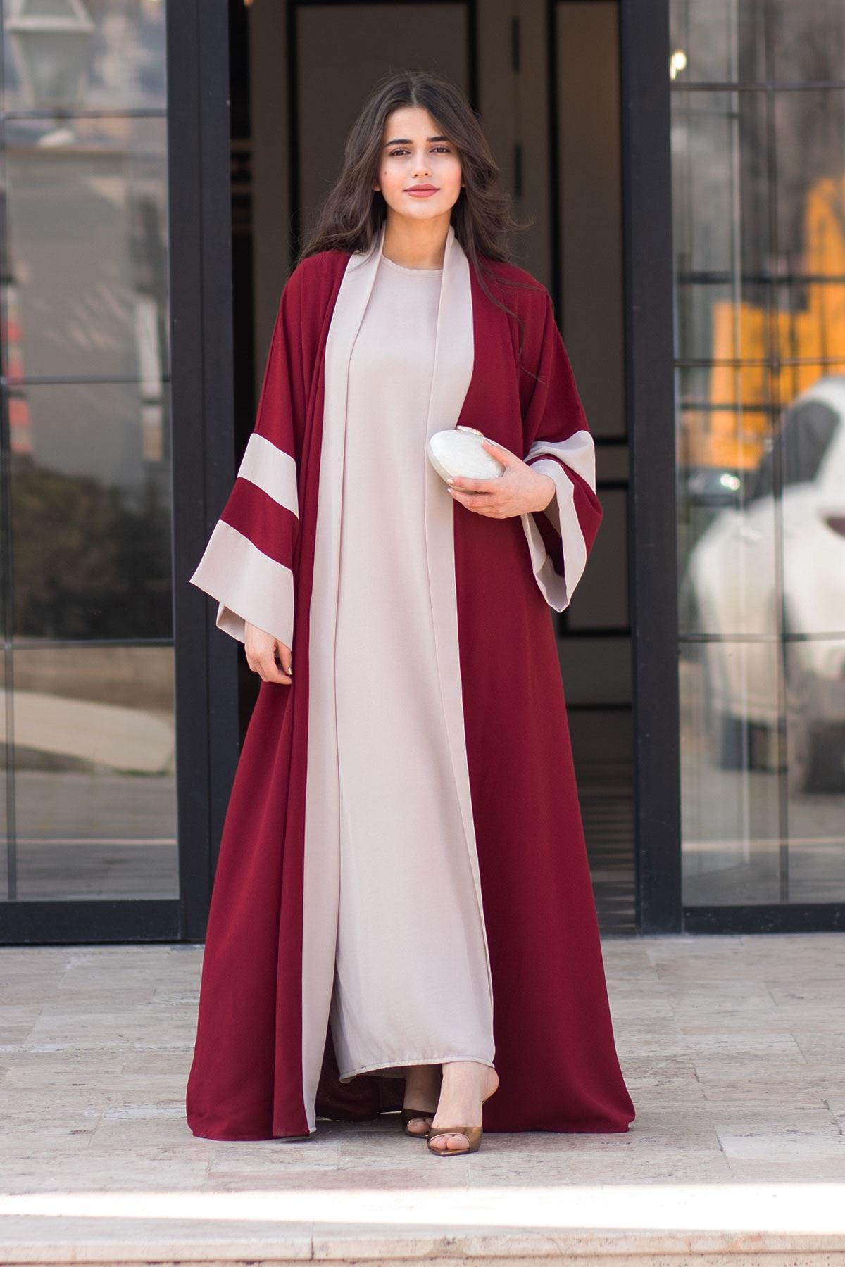 Dubai Abaya Takım - Bordo & Taş