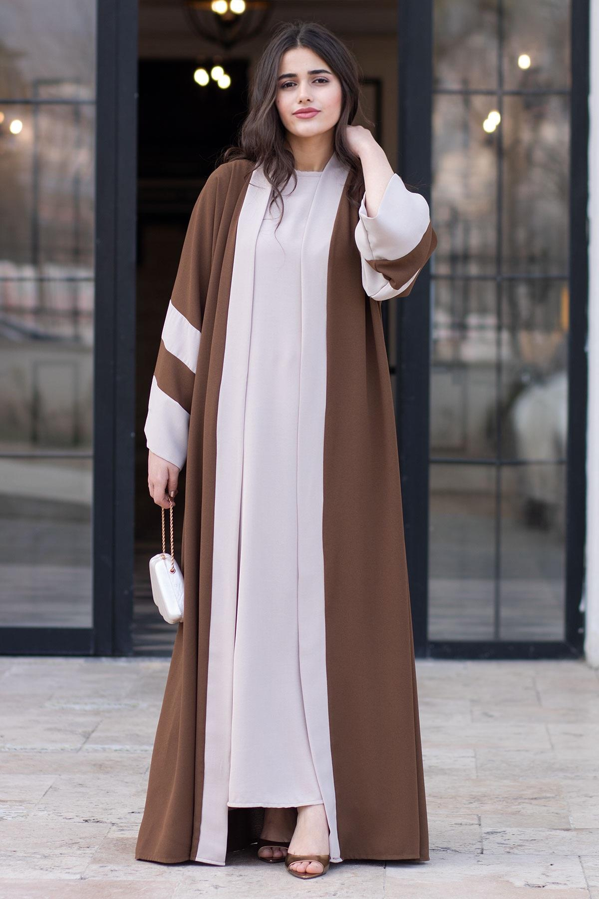 Dubai Abaya Takım - Kahverengi & Taş