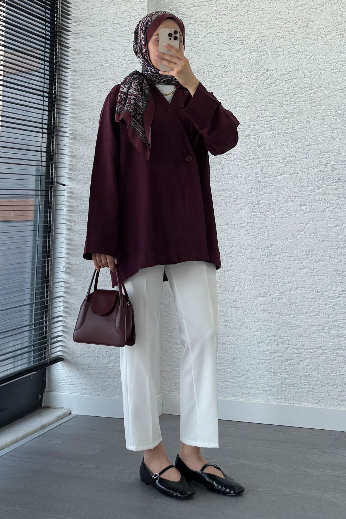Düğme Detaylı Keten Kimono – Mürdüm