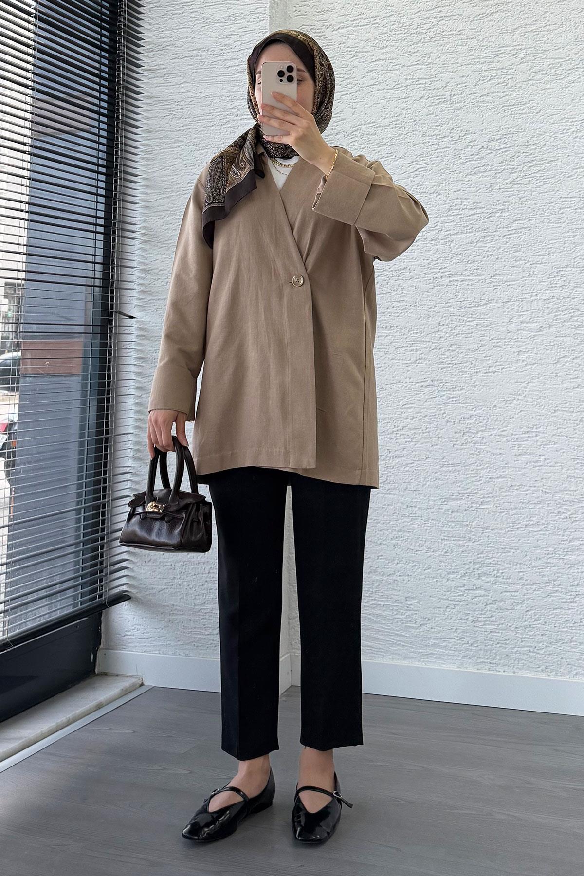 Düğme Detaylı Keten Kimono – Vİzon