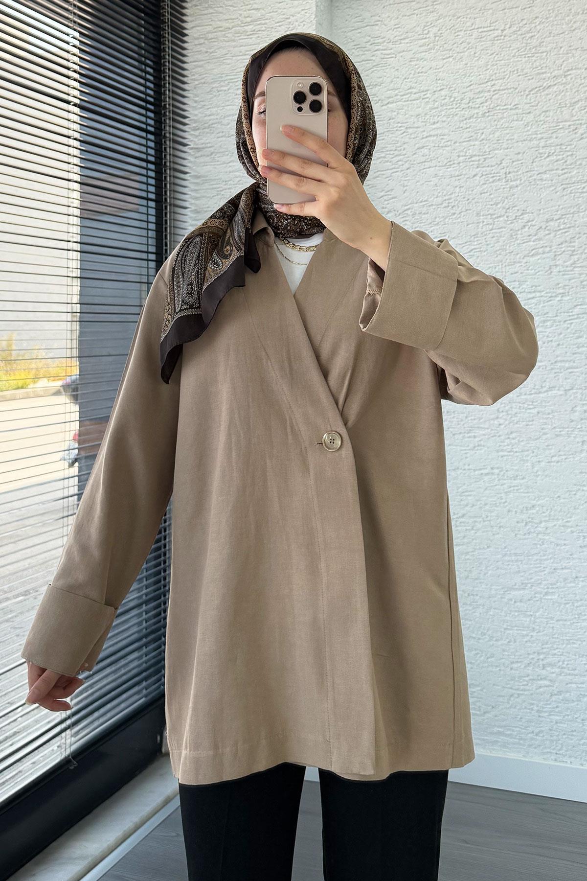 Düğme Detaylı Keten Kimono – Vİzon