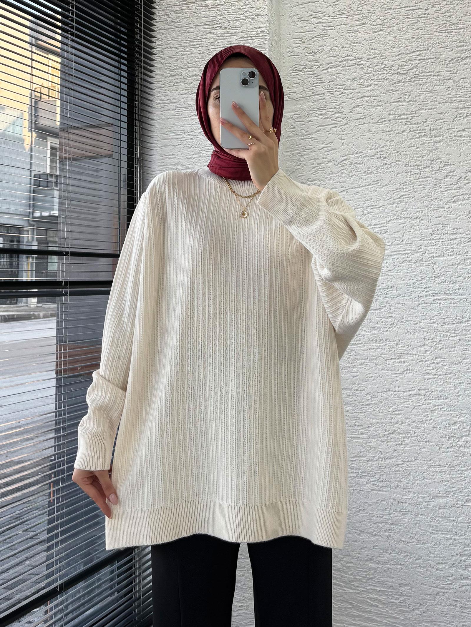 Ekru Kadın Fitilli Oversize Kazak