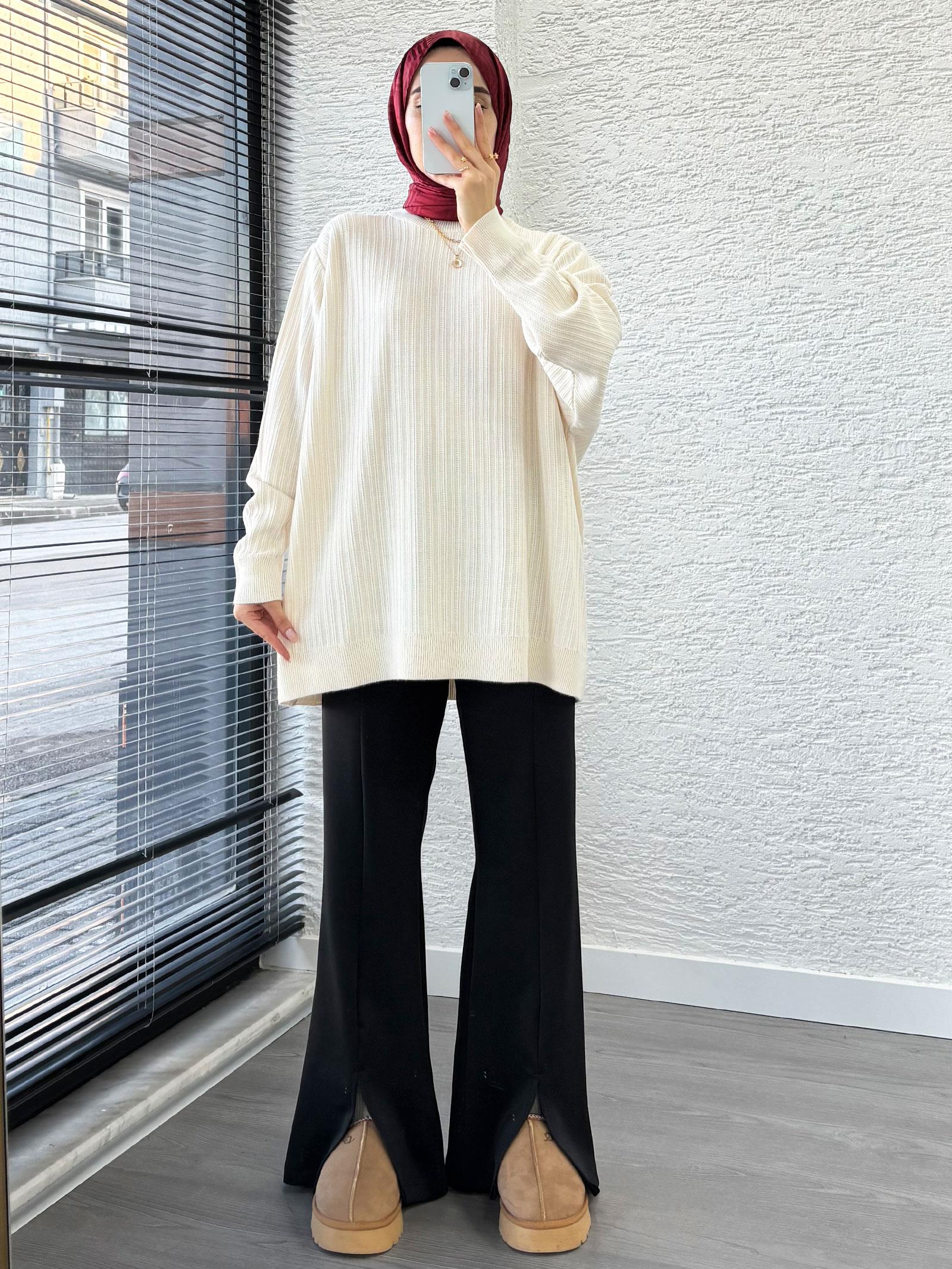 Ekru Kadın Fitilli Oversize Kazak
