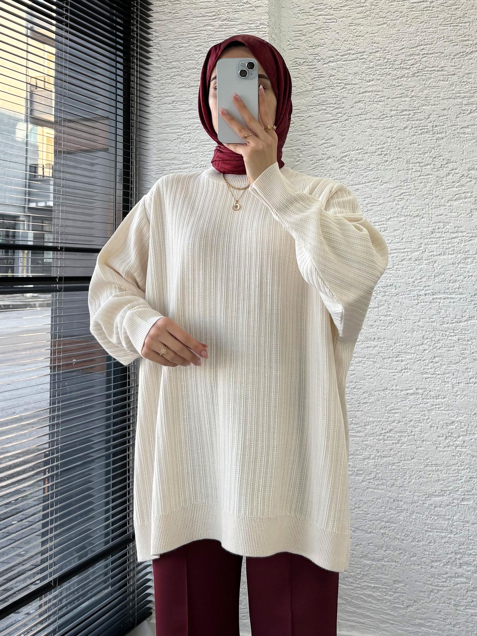 Ekru Kadın Fitilli Oversize Kazak