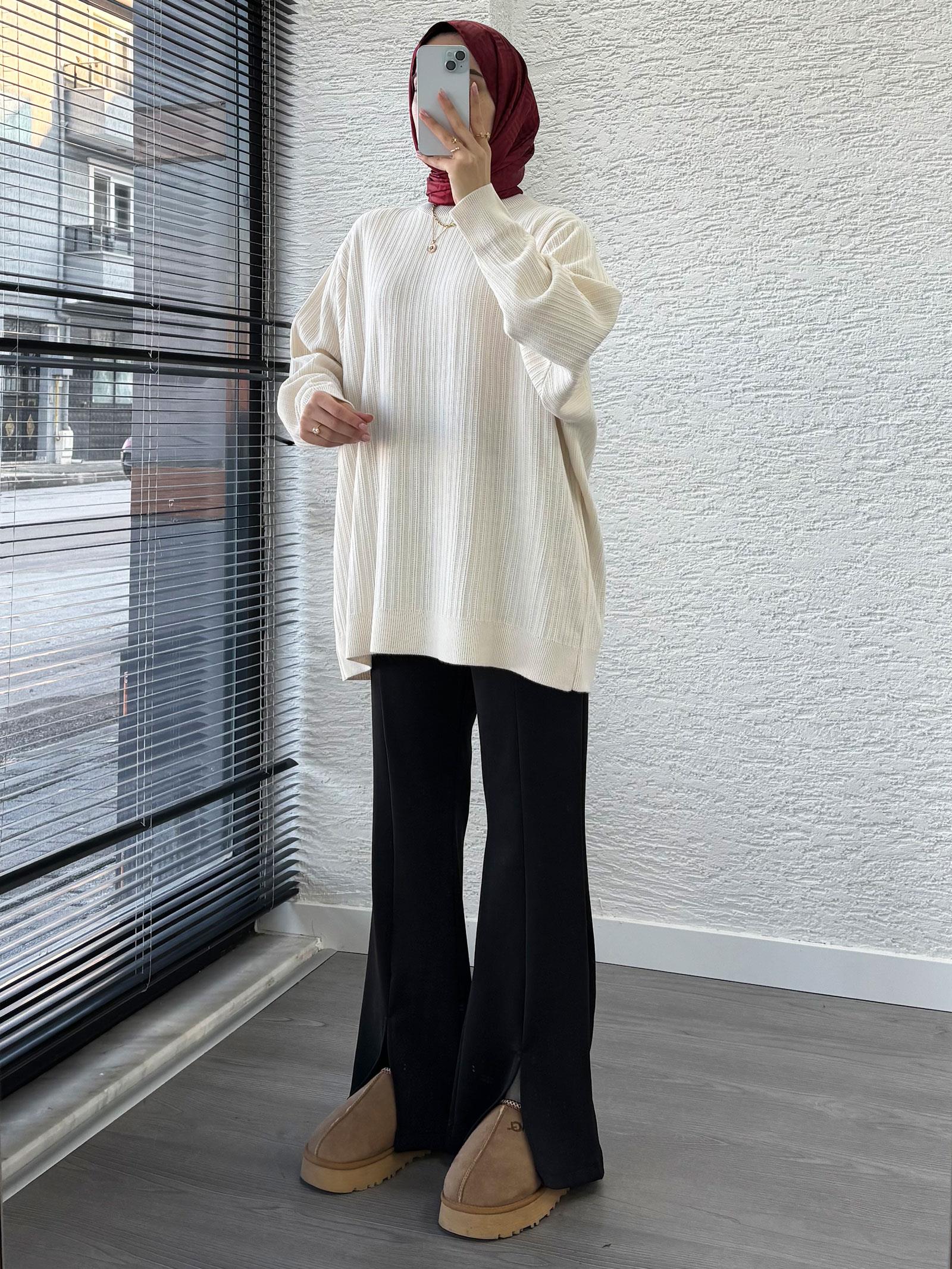 Ekru Kadın Fitilli Oversize Kazak