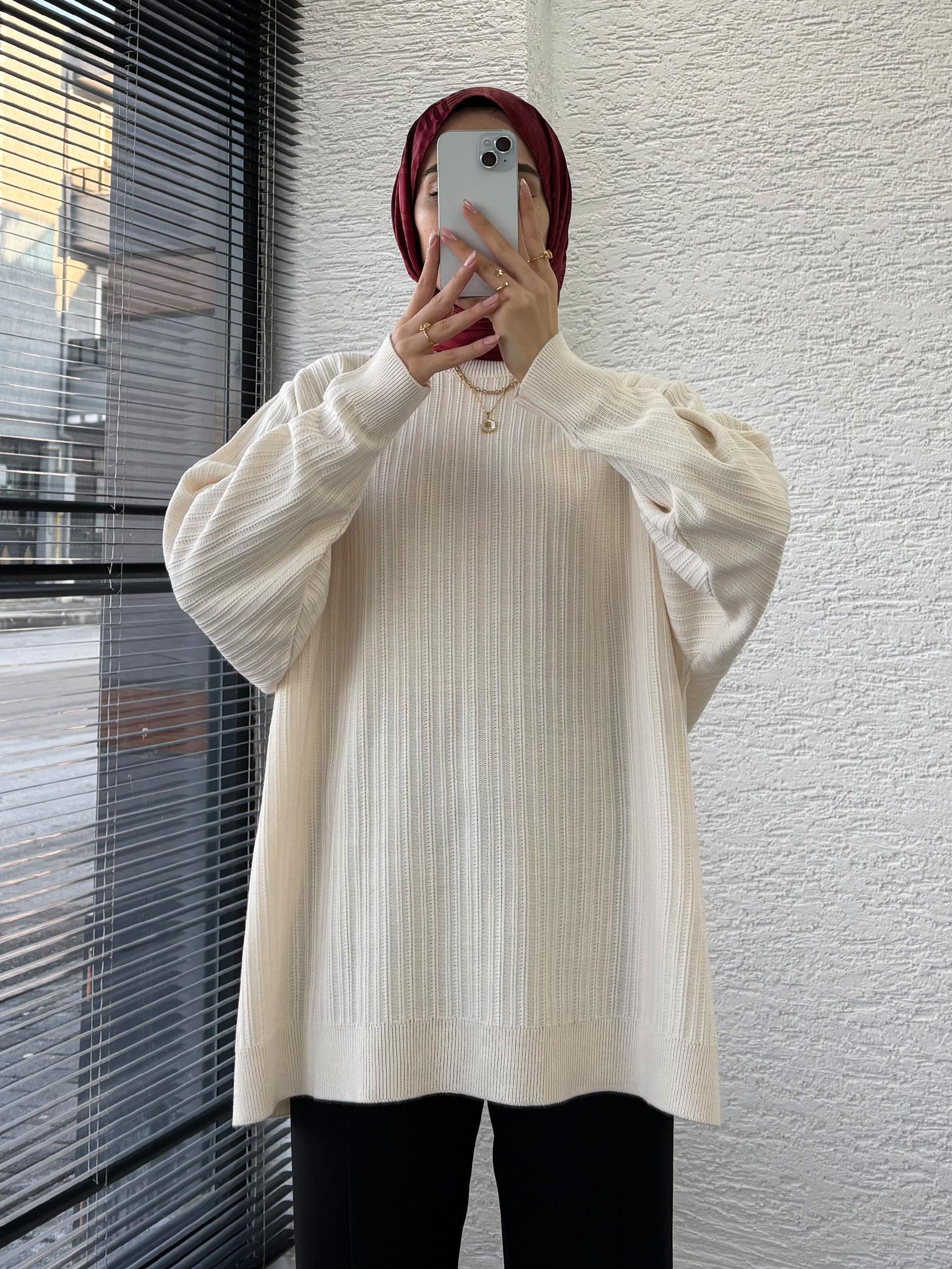 Ekru Kadın Fitilli Oversize Kazak