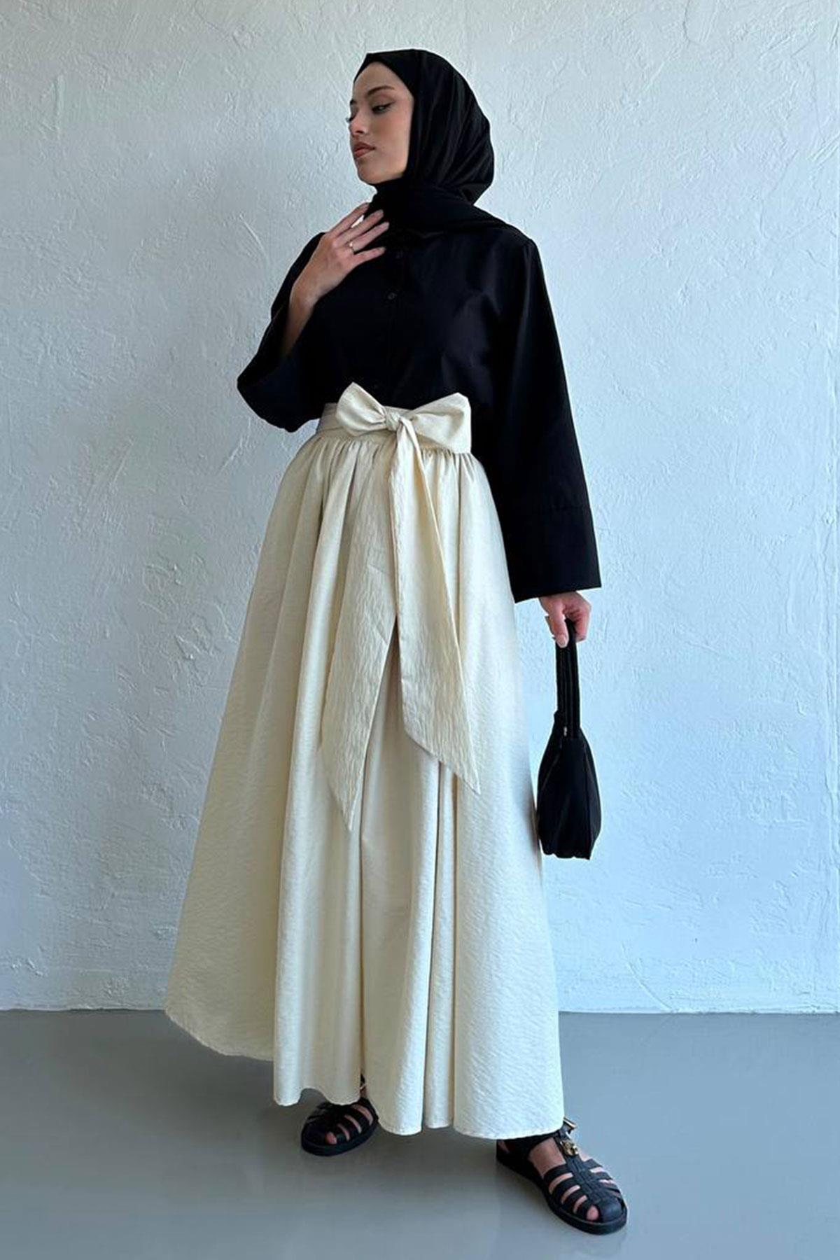 Ekru Linda Kuşaklı Maxi Etek