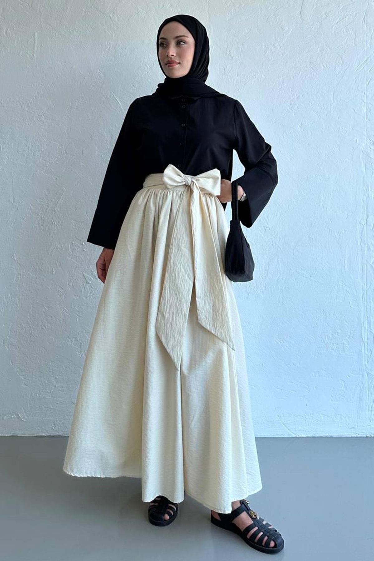 Ekru Linda Kuşaklı Maxi Etek