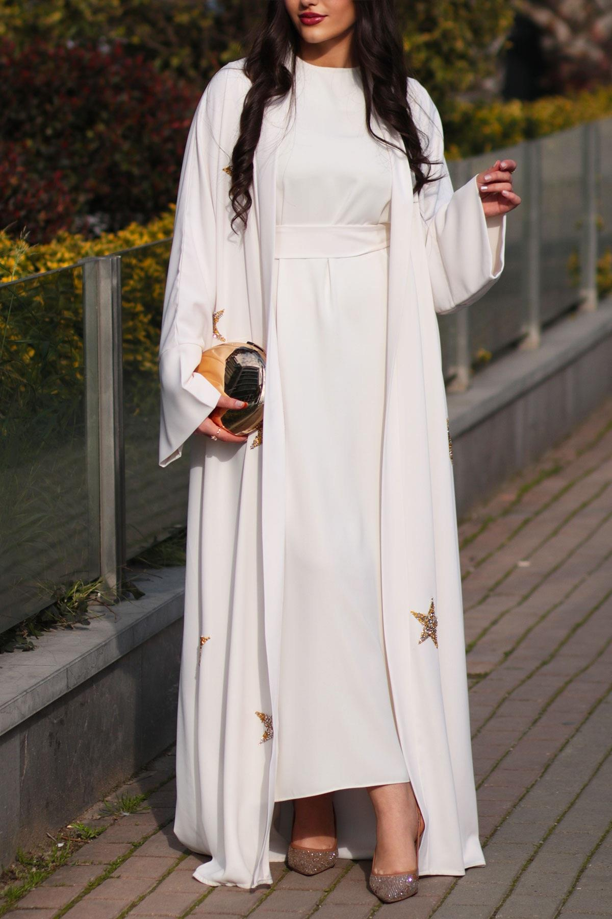 Ekru Yıldız Detaylı Abaya 