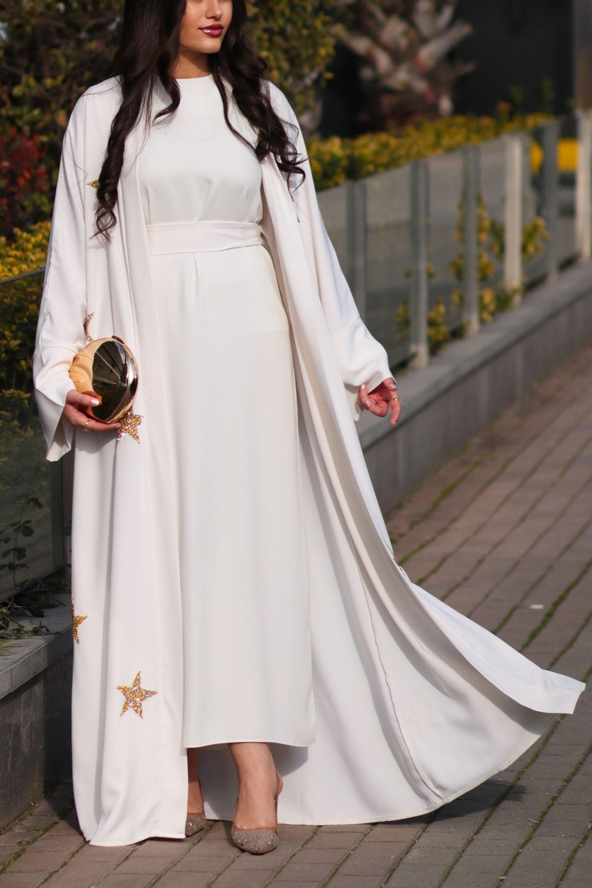 Ekru Yıldız Detaylı Abaya 