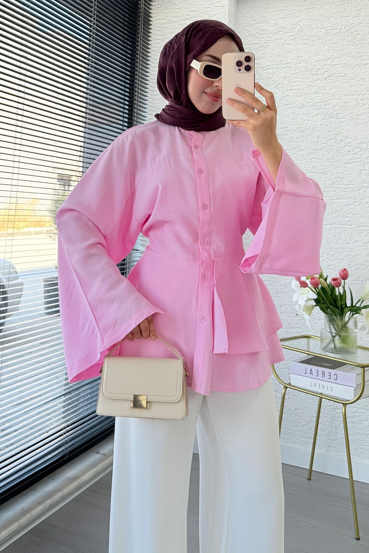 Etek Volanlı Arkadan Bağlamalı Modal Tunik - Pembe