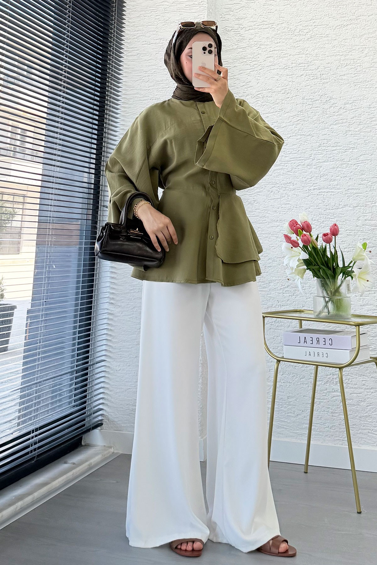 Etek Volanlı Arkadan Bağlamalı Modal Tunik - Yeşil