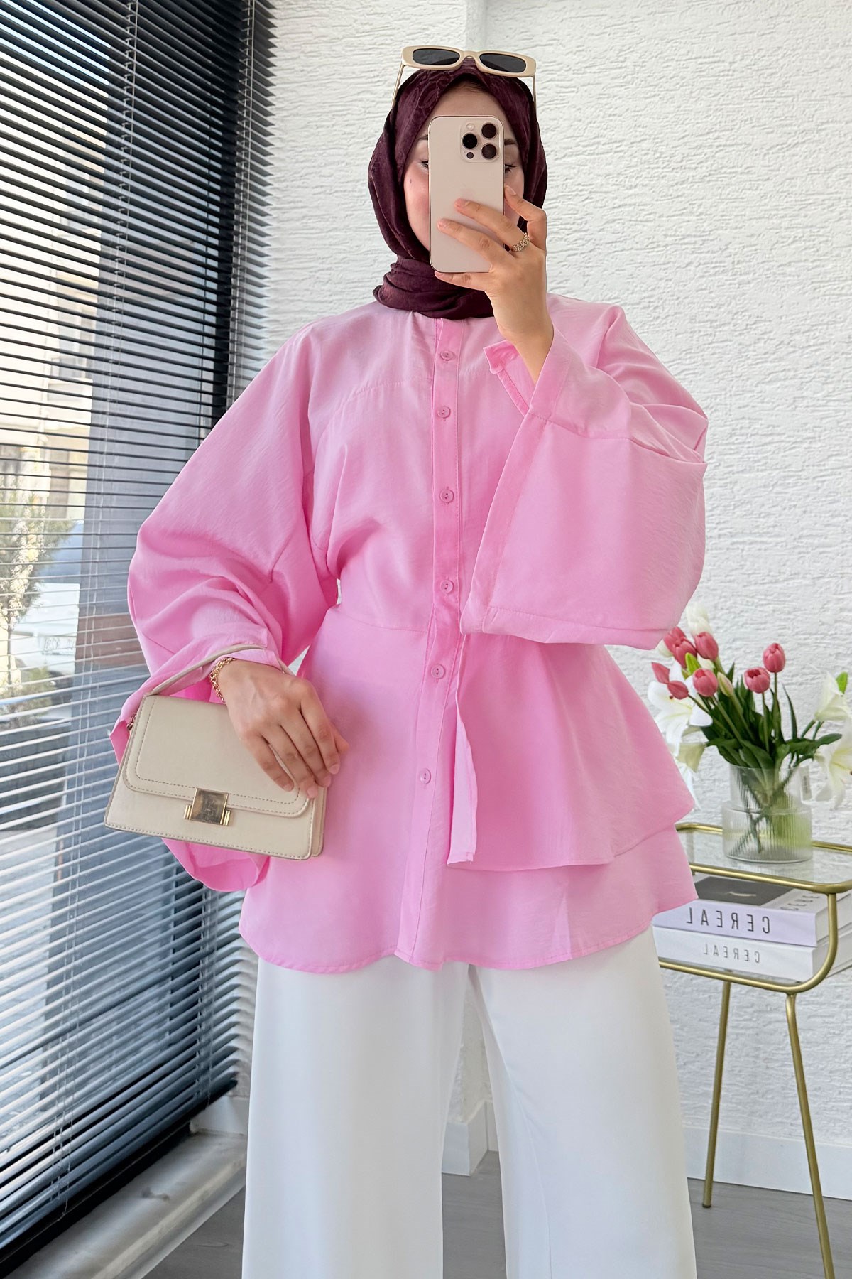 Etek Volanlı Arkadan Bağlamalı Modal Tunik - Pembe