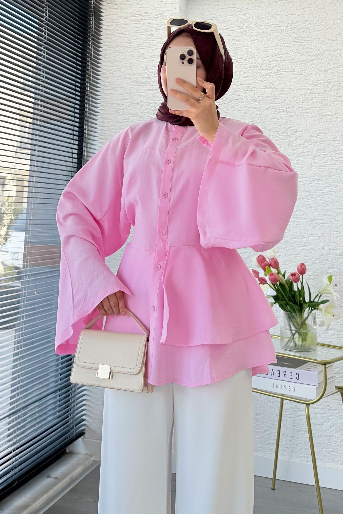 Etek Volanlı Arkadan Bağlamalı Modal Tunik - Pembe