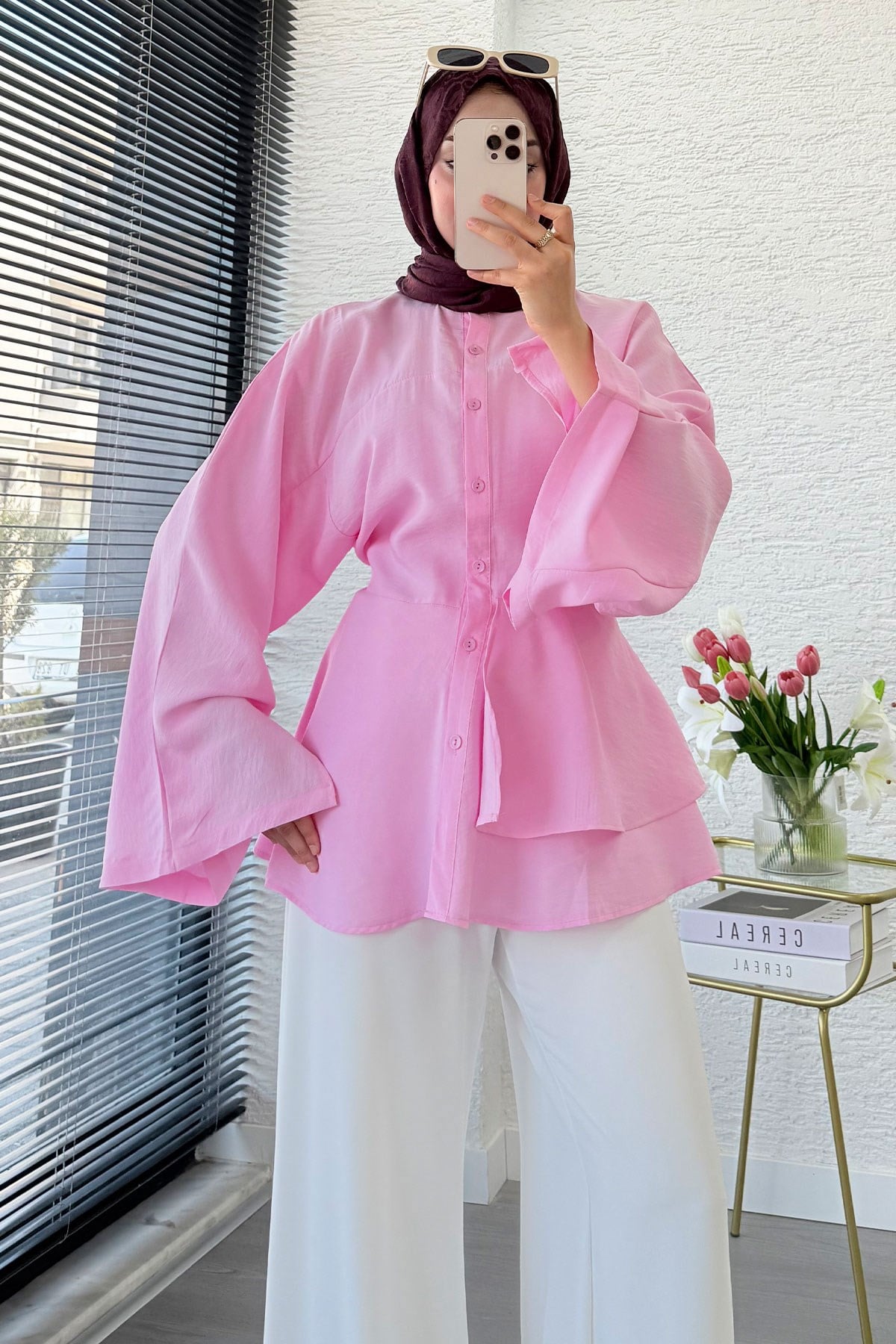 Etek Volanlı Arkadan Bağlamalı Modal Tunik - Pembe