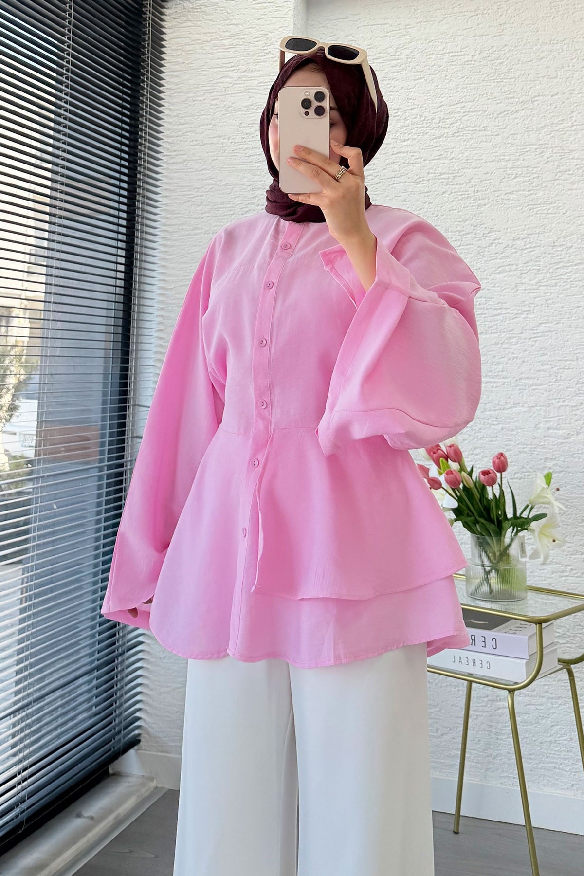 Etek Volanlı Arkadan Bağlamalı Modal Tunik - Pembe